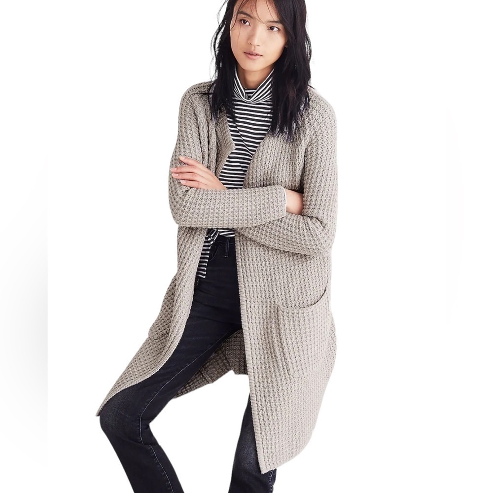Madewell Wafflestitch Sweater-Coat Gray Open Front Knit Size XS Chunky Women’s